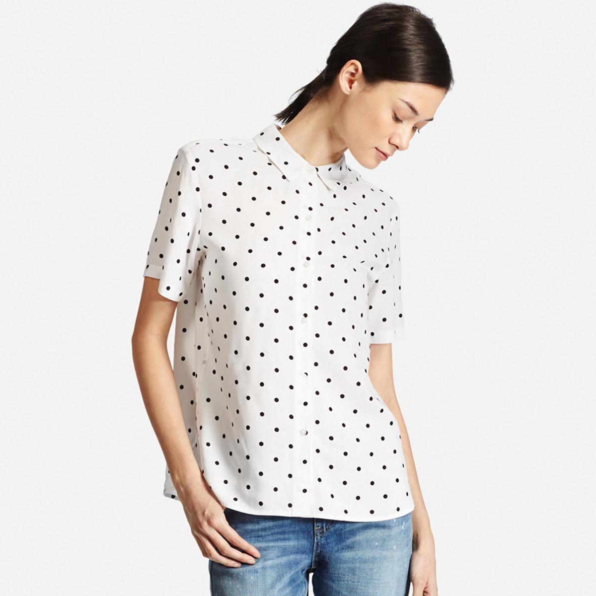 Uniqlo rayon printed and solid blouse, $29.90, available at Uniqlo.