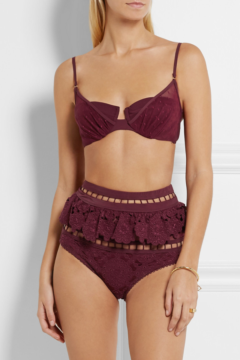 Zimmermann's empire ruffled broderie anglaise and point d'esprit triangle bikini, $750, available at Net-a-Porter.