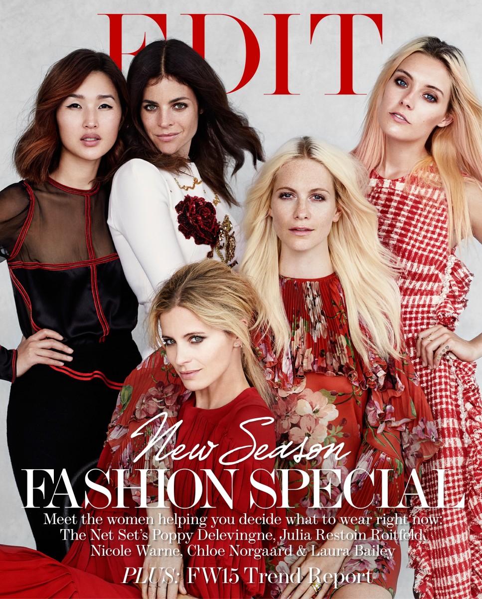 Poppy Delevingne, Laura Bailey, Chloe Norgaard, Julia Restoin Roitfeld and Nicole Warne mark The Net Set's public launch on the cover of The Edit. Photo: Net-a-Porter.