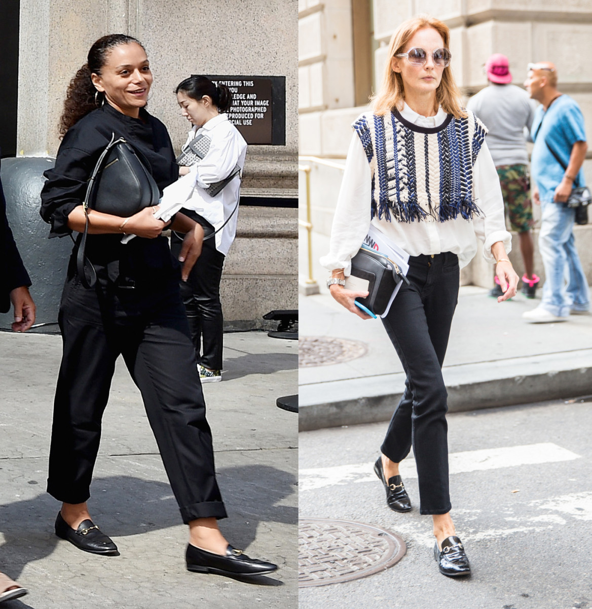 Spotted on the street on Sunday. Photos: Bryan Bedder/Getty Images (left) and KDV/Fashionista (right)