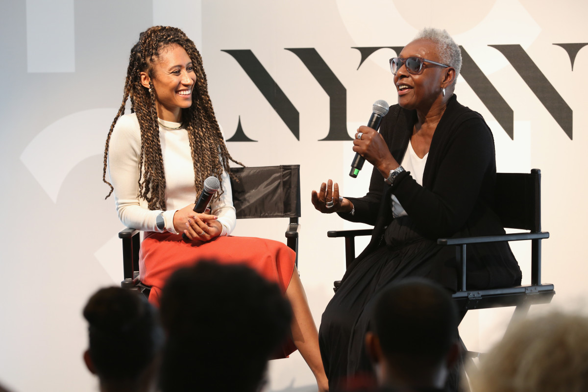 Elaine Welteroth (left) with Bethann Hardison (right) at the NYFW HQ. Photo: Robin Marchant/Getty Images