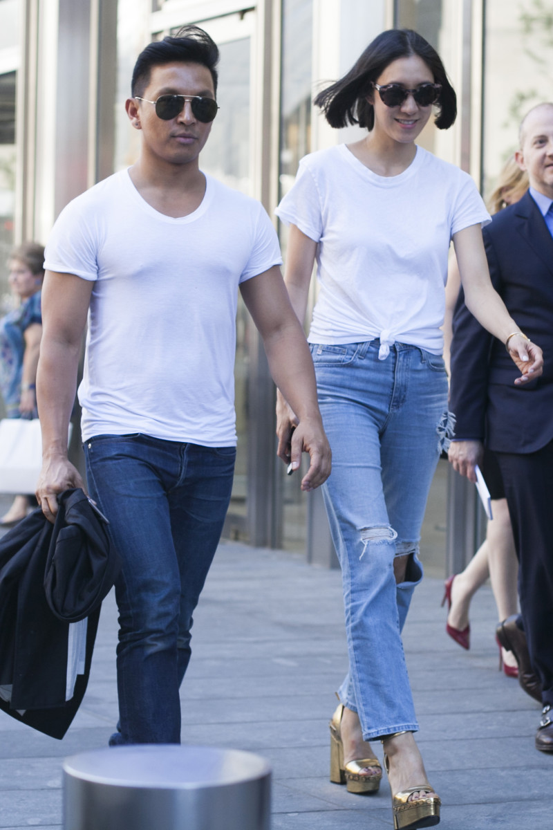 Designer Prabal Gurung and Instagram's Eva Chen in AG jeans and Tom Ford shoes. Photo: Emily Malan/Fashionista