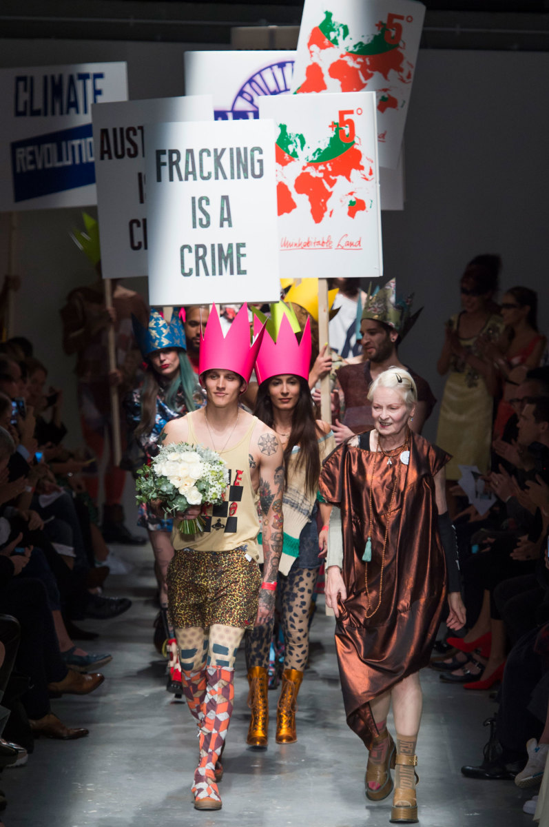 Designer Vivienne Westwood at her spring 2016 Red Label runway show. Photo: Imaxtree