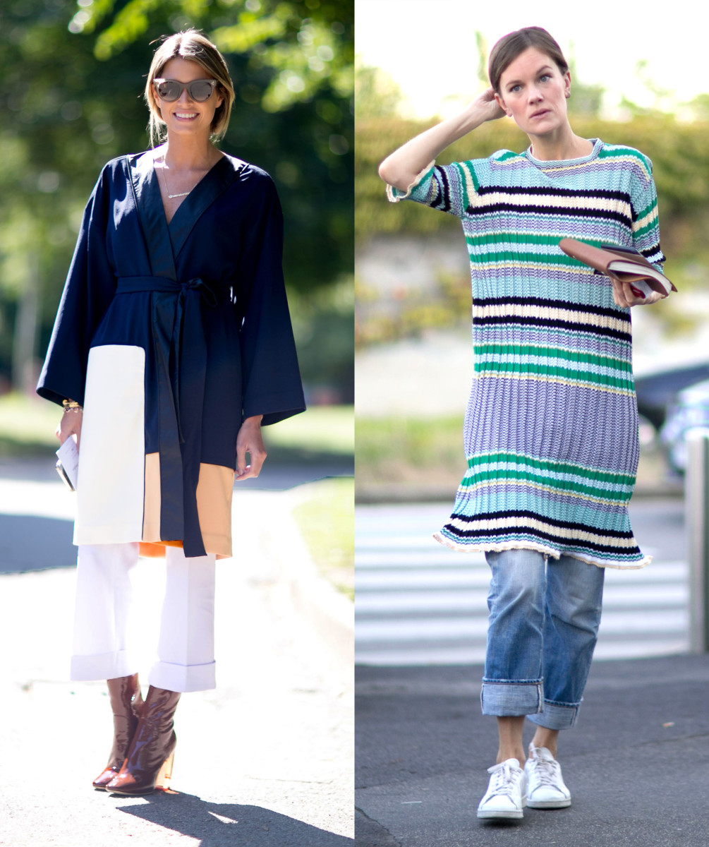 Layer tip #1, dresses over pants. Left: Blogger Helena Bordon in Ada Kokosar for & Other Stories coat, Bobstore pants and  Dior boots. Right: Celine dress. Photos: Imaxtree