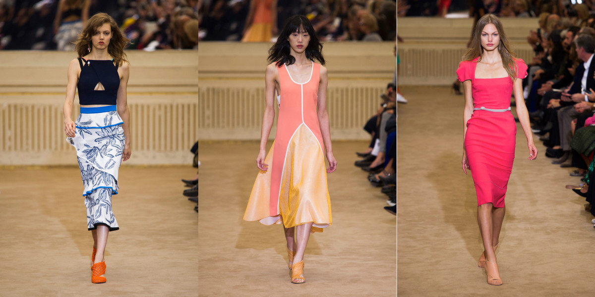Three looks from Roland Mouret's spring 2016 collection. Photos: Imaxtree