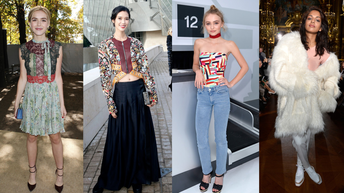 From left to right: Kiernan Shipka at Valentino, Tao Okamoto at Louis Vuitton, Lily-Rose Depp at Chanel, and M.I.A. at Stella McCartney. Photos: Getty Images