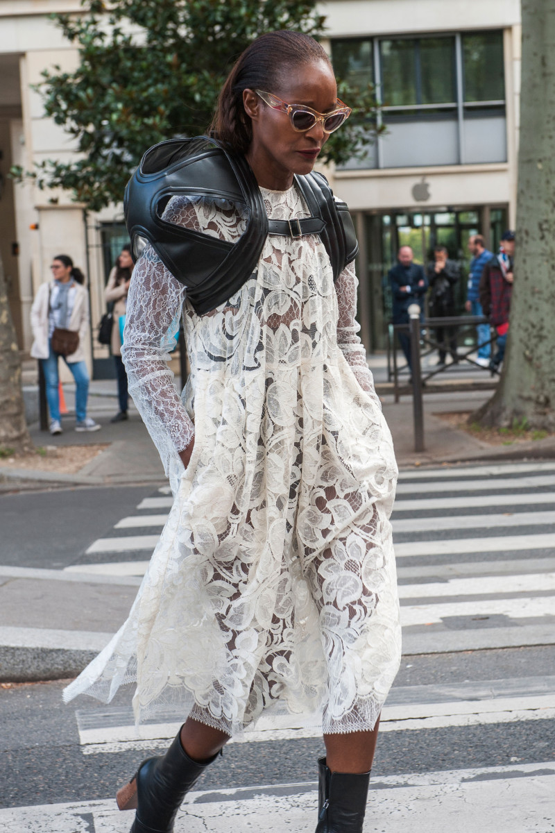 Designer Michelle Elie in a Tome dress and Comme des Garcons at Paris Fashion Week. Photo: Imaxtree