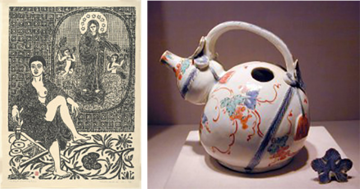 "An Angel Dreaming Room" by artist Hiratsuka Un'ichi (L) and a piece of 17th century porcelain Arita ware (R). Photo: Art Institute Chicago 