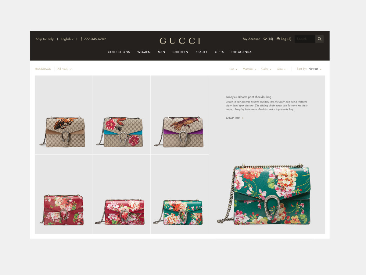 A product page for the Dionysus Blooms print shoulder bag. Screengrab: Gucci