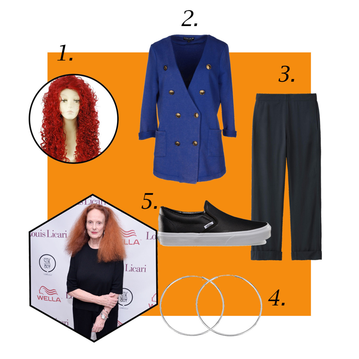 1. Nouqi party wig, $33.24, available at Amazon; 2. 5Preview blazer, $53, available at Yoox; 3. Lemaire rayon wide-leg pants, $49.90, available at Uniqlo; 4. Silver hoop earrings, $2, available at Florence Scovel; 5. Vans pert leather slip-on, $60, available at Vans. Photo: Grant Lamos IV/Getty Images