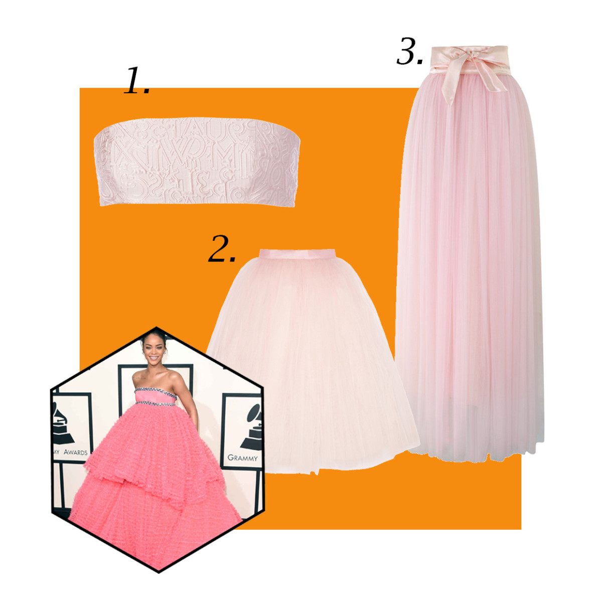 1. Mary Katrantzou bandeau, now $198.20, available at Farfetch; 2. Ballet Beautiful Tulle skirt, $165, available at Net-a-Porter; 3. Amore Maxi Tulle Prom Skirt in Pink, now $59.42, available at Chic Wish; 4. Doll Candy tulle petticoat (not pictured), $3.95, available at Etsy. Photo: Jason Merritt/Getty Images