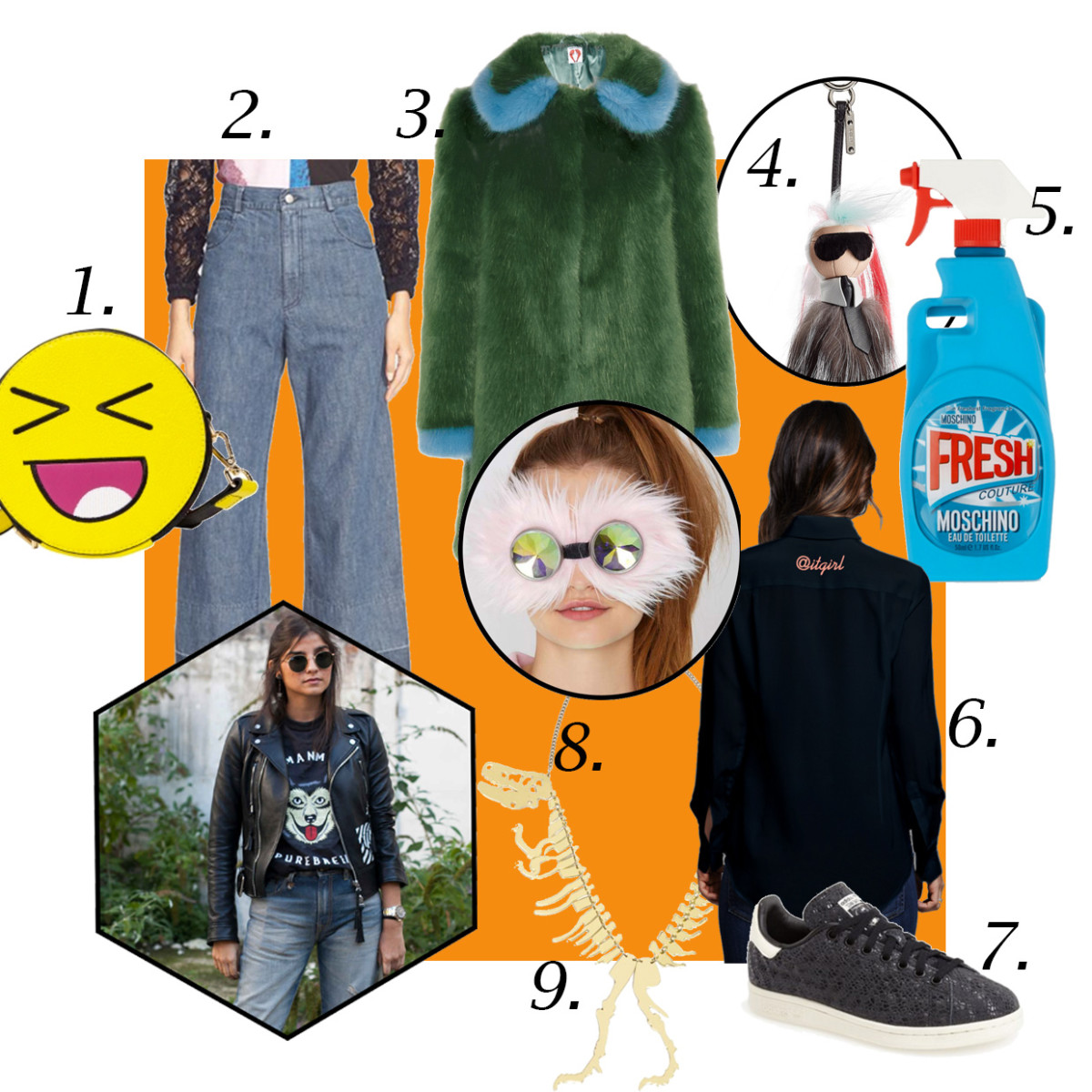 1. Skinnydip crossbody Bag, $44.00, available at Pixie Market; 2. Rachel Comey denim pants, $345, available at Nordstrom; 3. Shrimps coat, $995, available at Net-a-Porter; 4. Fendi Karlito keychain, $1,150, available at Stylebop; 5. Moschino phone case, $95, available on Net-a-Porter; 6. Maireclaire St. John personalized shirt, $445, available at Marieclaire St. John; 7. Adidas Stan Smith sneakers in white and green, $74.95, available at Nordstrom; 8. H0les Seein' Thangs Faux Fur Goggles, $100.00, available at Nasty Gal; 9. Giant dinosaur necklace, $209, available at Tatty Devine. Photo: Seen at Paris Fashion Week spring 2016. Emily Malan/Fashionista