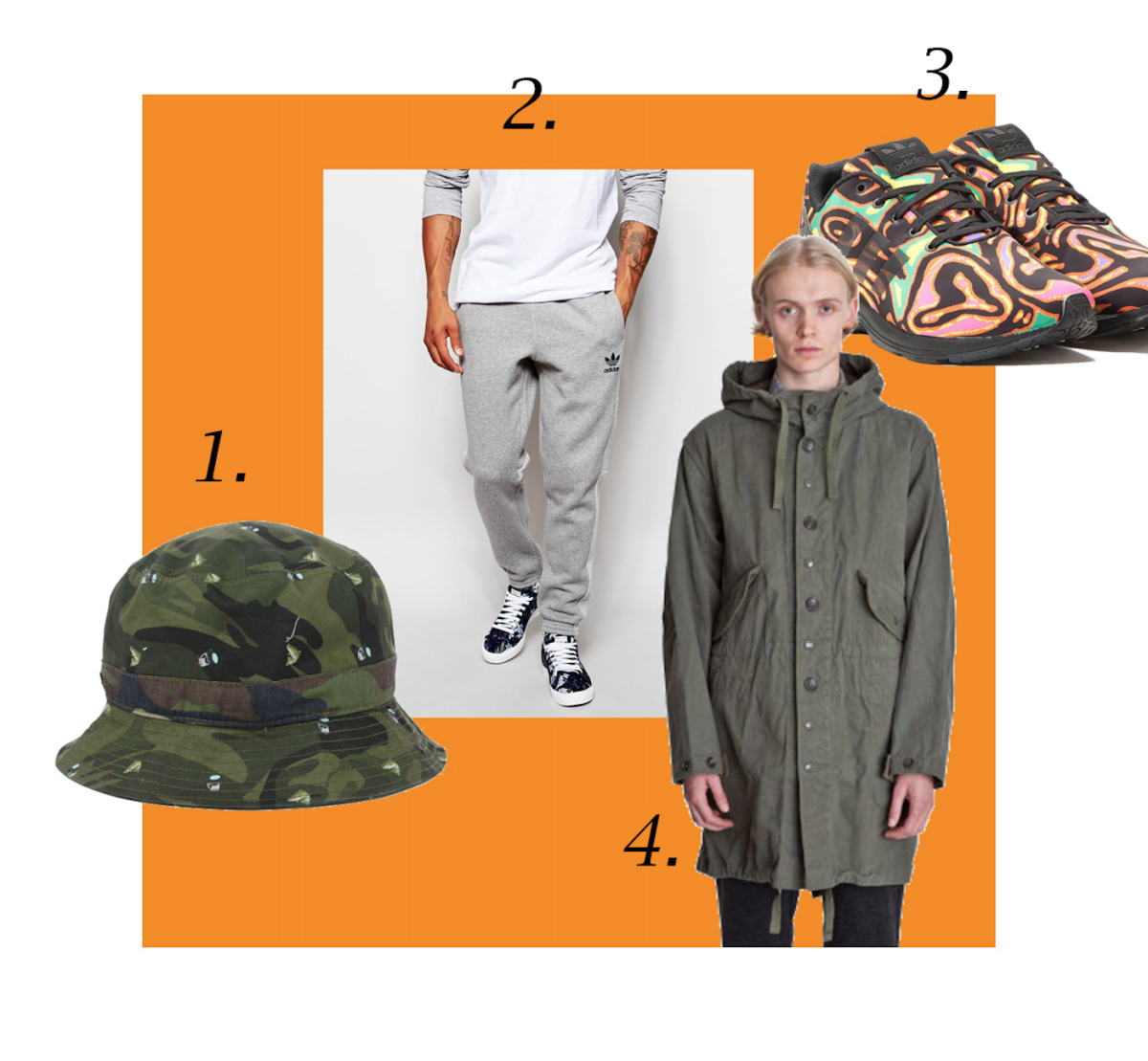 1. Trout bucket hat, $5, available at Lids; 2. Adidas Originals trackpants with panels, $73, available at Asos; 3. Jeremy Scott for Adidas sneakers, € 169, available at Allike; 4. Highland Park Olive Engineered Garments, $640, available at Tres Bien.
