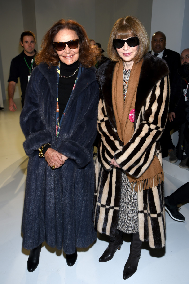 Diane Von Furstenberg with Anna Wintour in a "Fashion Stands With Planned Parenthood" button. Photo: Dimitrios Kambouris/Getty Images