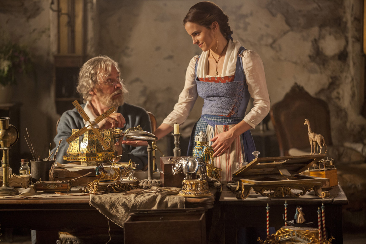 Dad Maurice (Kevin Kline) and Belle have a father-daughter moment. Photo: Laurie Sparham/Disney
