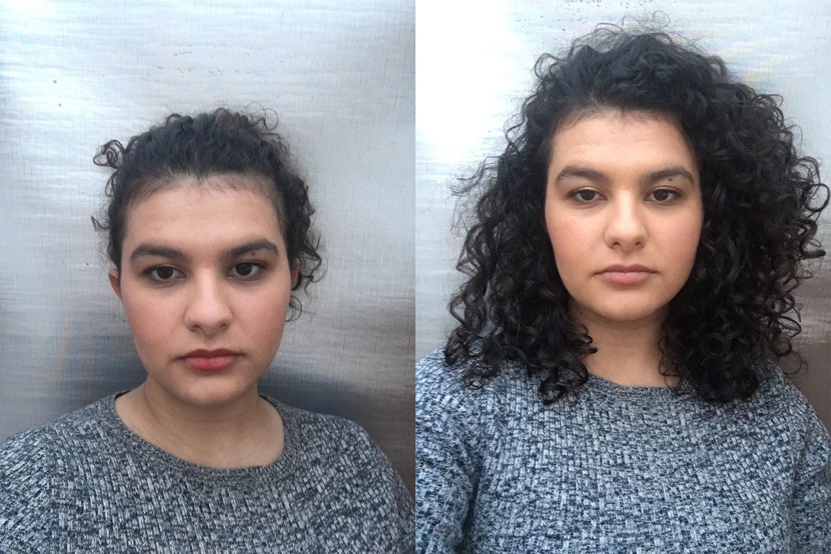 Before (left) and after (right) using DevaCurl spray. Photos: Tamim Alnuweiri