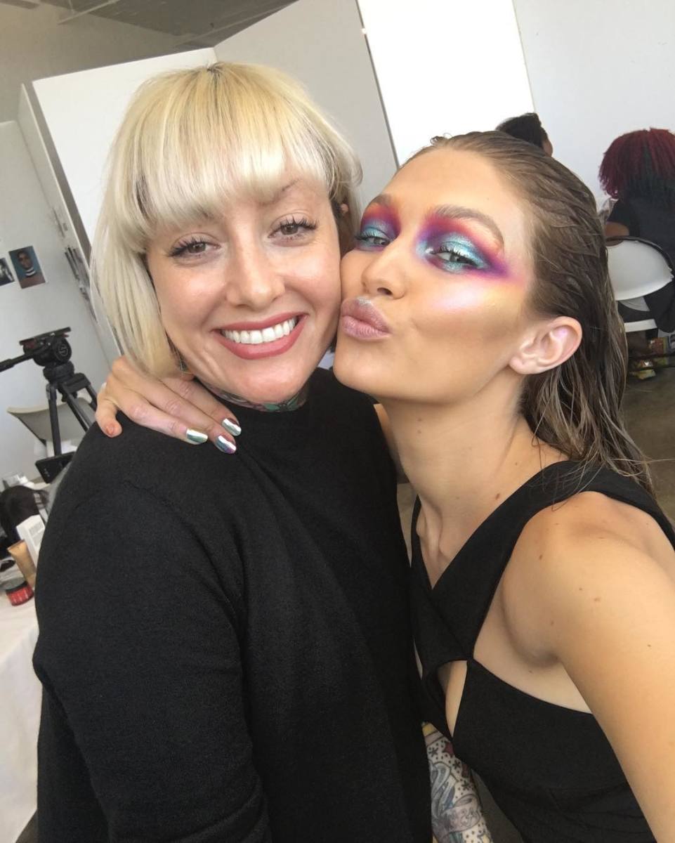 Erin Parsons on set with Gigi Hadid. Photo: @erinparsonsmakeup/Instagram