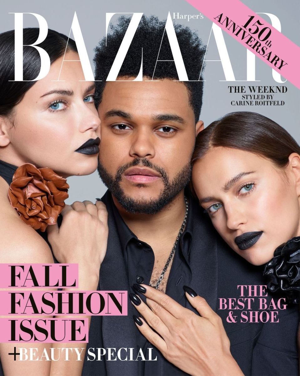 The Weeknd in Saint Laurent with Adriana Lima and Irina Shayk on the September 2017 cover of "Harper's Bazaar." Photo: Brigitte Lacombe