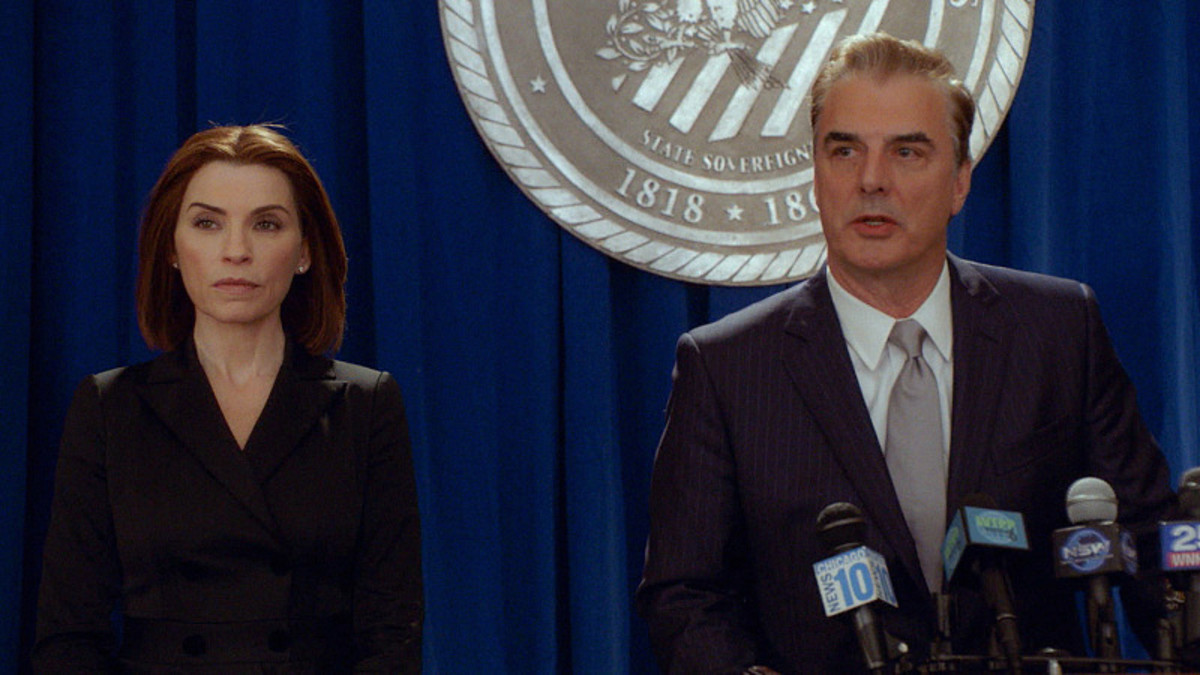 "Julianna and I tried on a few different pieces and as soon as we put on that jacket, we were both like, 'this is it,' Lawson says. Alicia (Julianna Margulies) and Peter (Chris Noth) Photo: CBS