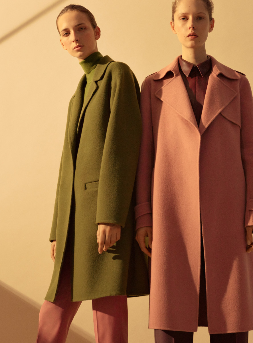 Theory's Double-Face Wool-Cashmere Trench Coat in "Pine" and "Pink Willow"