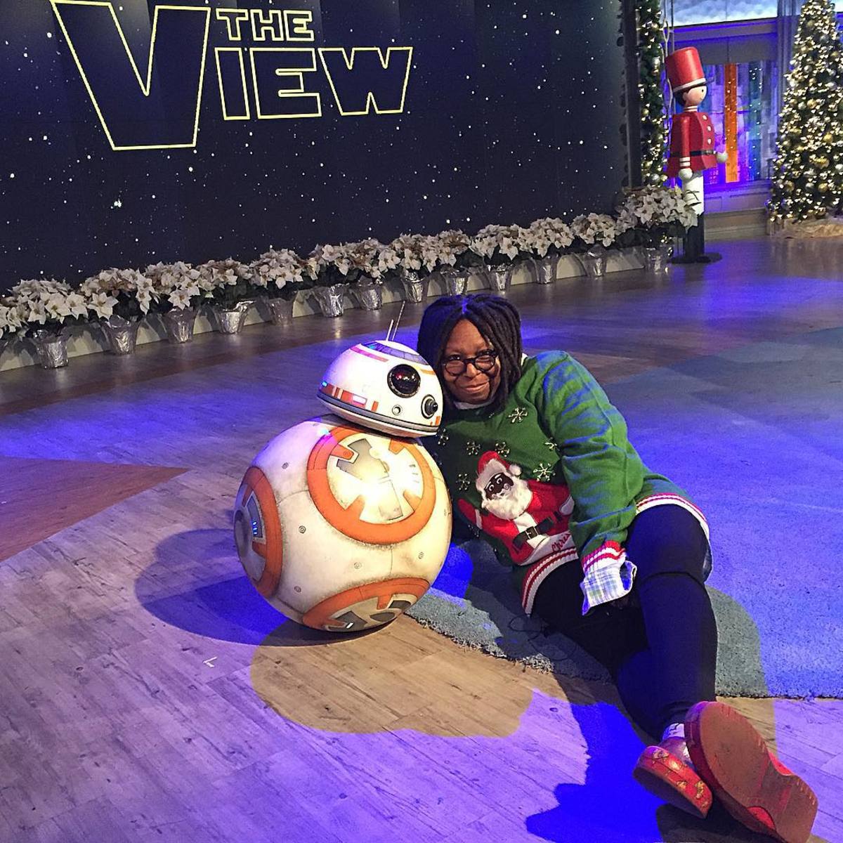 Christmas sweater loyal wearer (not her own design) Whoopi Goldberg on "The View" with BB-8. Photo: Instagram/@theviewabc