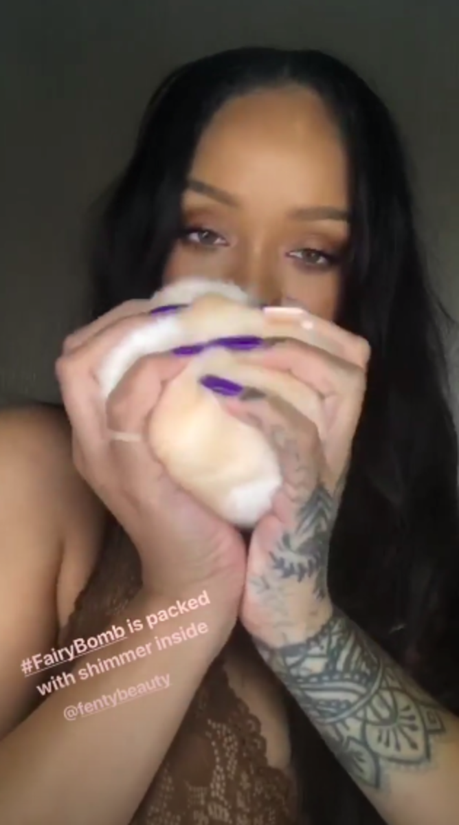 Rihanna with the forthcoming Fenty Beauty Fairy Bomb. Screengrab: @badgalriri/Instagram Stories