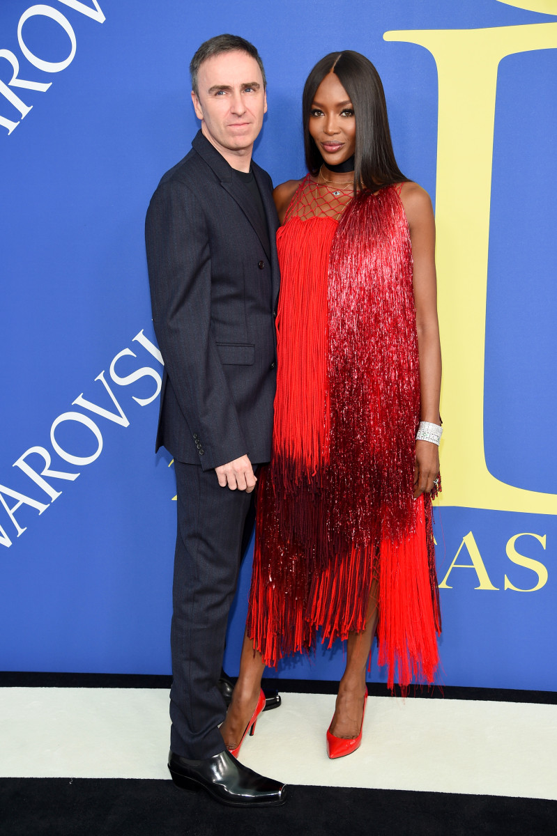 Raf Simons and Naomi Campbell in Calvin Klein at the 2018 CFDA Fashion Awards in New York City. Photo: Dimitrios Kambouris/Getty Images