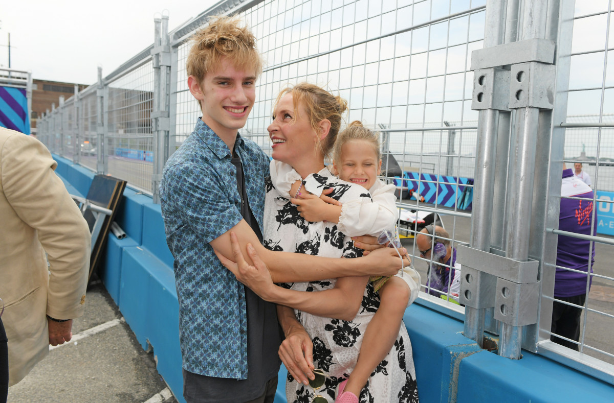 Uma Thurman with her children Levon Thurman-Hawke and Luna Thurman-Busson at the double header season finale of the 2017/18 ABB FIA Formula E Championship in New York City. Photo: Dave Benett/Getty Images