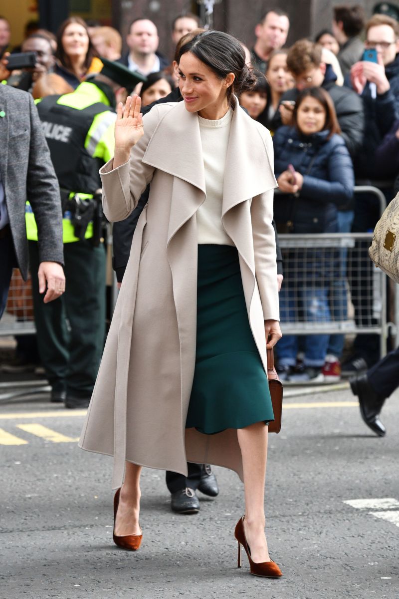 Markle wears a Greta Constantine Jace skirt in Belfast in March. Photo: Tim Rooke, Pool/Getty Images