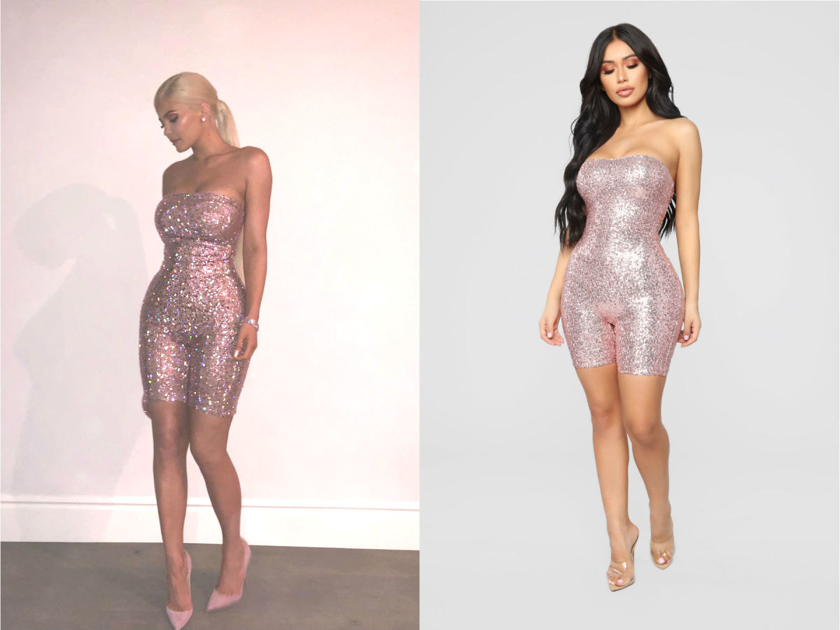 Left: Kylie Jenner on her 21st birthday. Photo: @kyliejenner/Instagram. Left: A look from Fashion Nova's Kylie-inspired "Birthday Behavior" collection. Photo: Courtesy of Fashion Nova