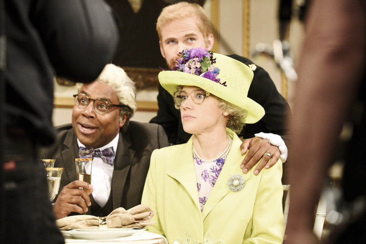 Kenan Thompson as Meghan Markle's grandfather, Mikey Day as Prince Harry and Kate McKinnon as Queen Elizabeth during Season 43's "Royal Wedding." Photo: Will Heath/NBC