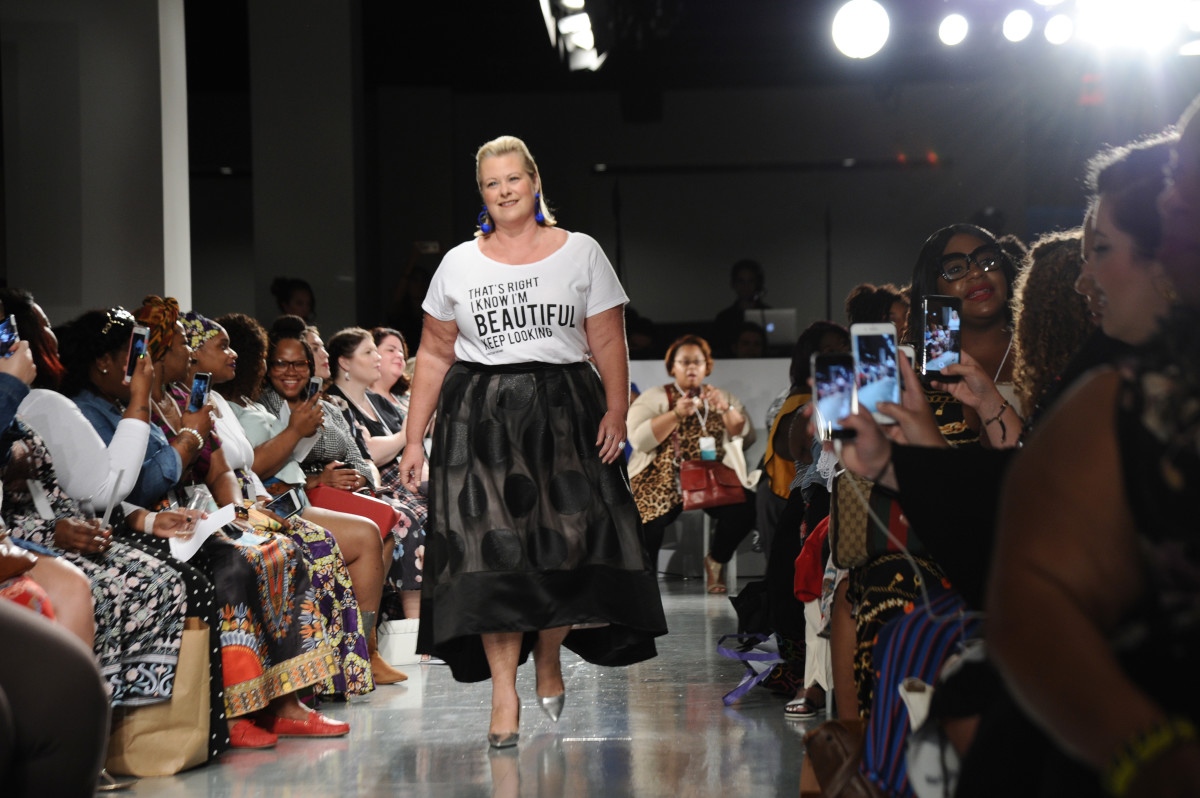 A model walks the runway for the #TeeUpChange campaign launch at The Curvy Con on Friday in New York City. Photo: Daniel Zuchnik/Getty Images for Dia&Co