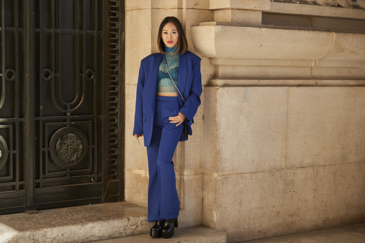 Aimee Song on the street at Paris Fashion Week. Photo: Imaxtree