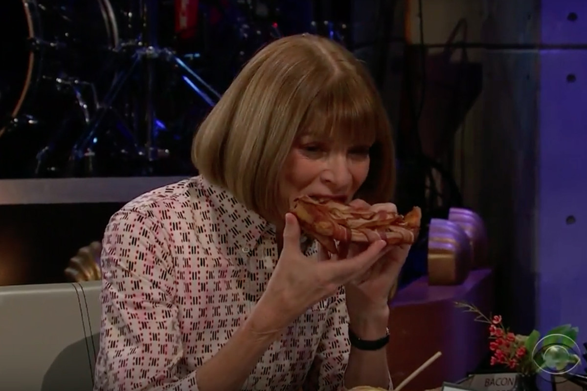 Anna Wintour and a bacon-wrapped pizza. Photo: YouTube