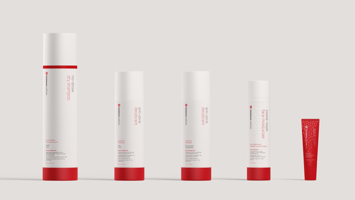 The full Lululemon Selfcare product lineup, featuring (from L to R): No-Show Dry Shampoo, Anti-Stink Deodorant (in two different scents), Sweat Reset Face Moisturizer and Basic Balm Lip Balm. Photo: Courtesy of Lululemon
