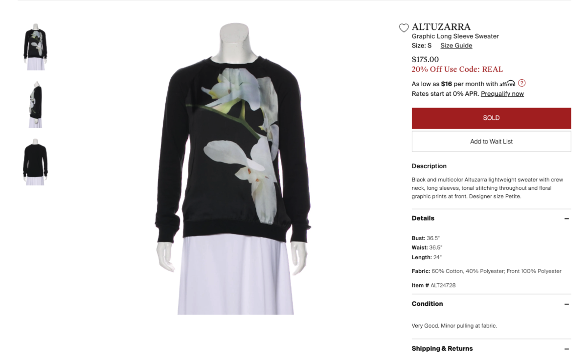 An Altuzarra for Target sweatshirt listed on The RealReal as of June 24, 2019. Photo: Screenshot/Fashionista