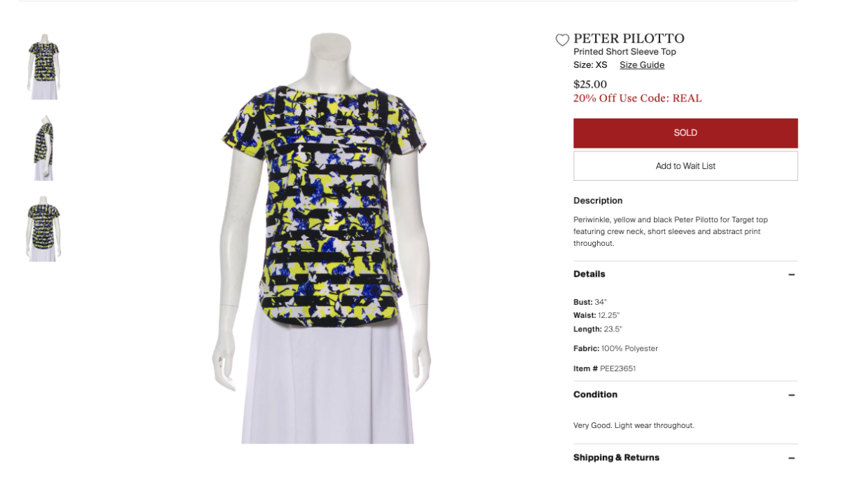 A Peter Pilotto for Target top listed on The RealReal as of June 24, 2019. Photo: Screenshot/Fashionista
