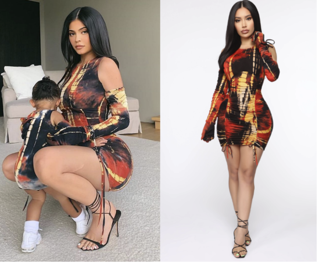 Left: Kylie Jenner in a Kim Shui dress. Photo: @kyliejenner/Instagram; Right: A very similar version of the dress on sale at Fashion Nova. 