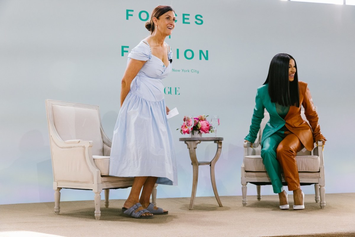 Sally Singer and Cardi B speaking on Vogue's Forces of Fashion panel. Photo: Corey Tenold for Vogue Magazine
