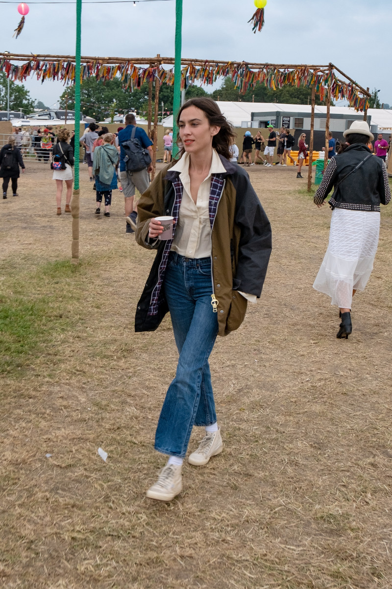 Alexa Chung wearing the "Patch" jacket at Glastonbury Festival. Photo: Courtesy of Barbour