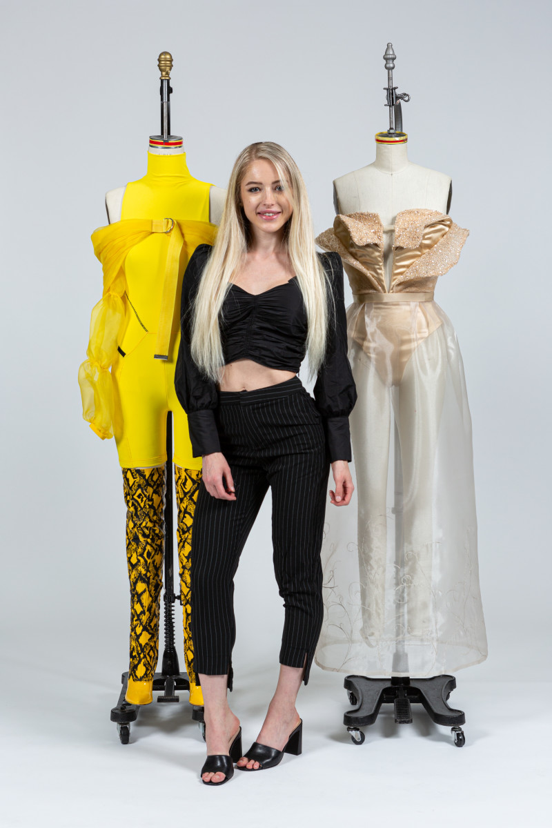Paige Walker, a fashion design student at the Fashion Institute of Technology, with her winning garments designed for Belle from 'Beauty and the Beast.' Photo: Courtesy of FIT
