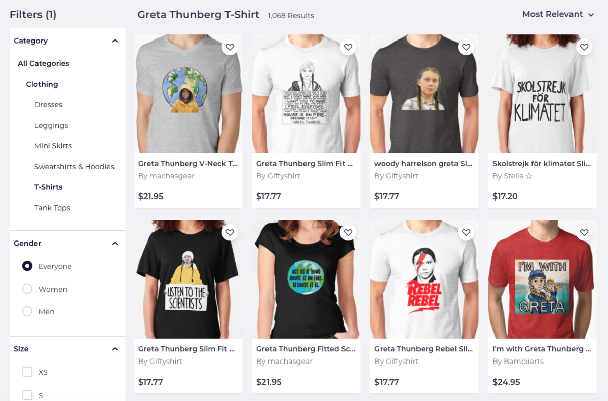 An array of Greta T-shirts for sale by Redbubble. Screenshot: Redbubble.com