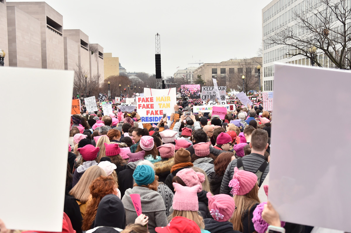 Protesters in pink knit hats gather at the Women's March On Washington on January 21, 2017.