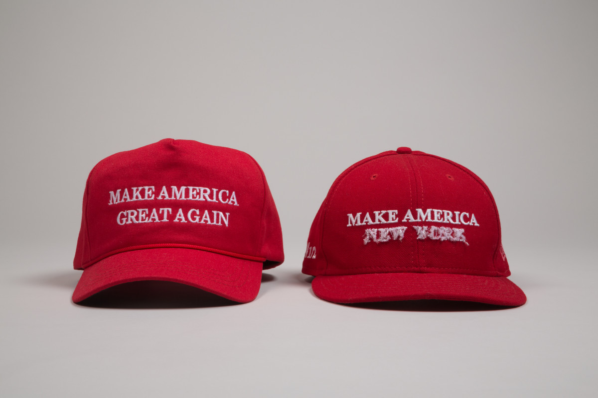 A red "Make America Great Again" cap alongside Public School's version, which reads "Make America New York."