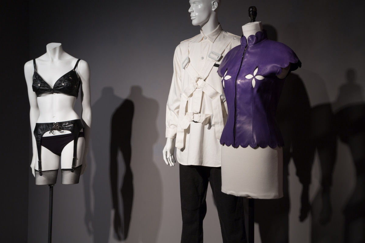 From left: a fetish ensemble from 1982, a shirt from Seditionaries by Vivienne Westwood and Malcom McLaren and a top by Alexander McQueen for Givenchy from 1997.