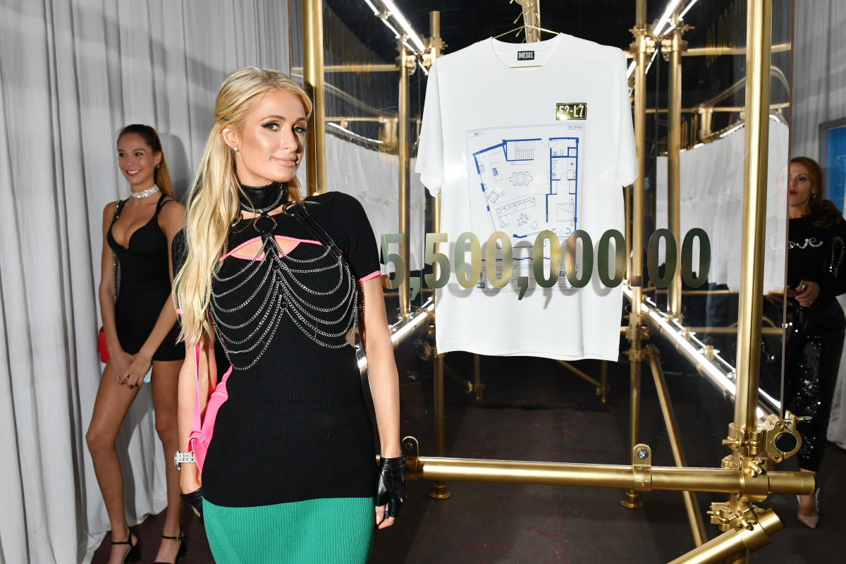 Paris Hilton with one of the Diesel Living T-shirts.