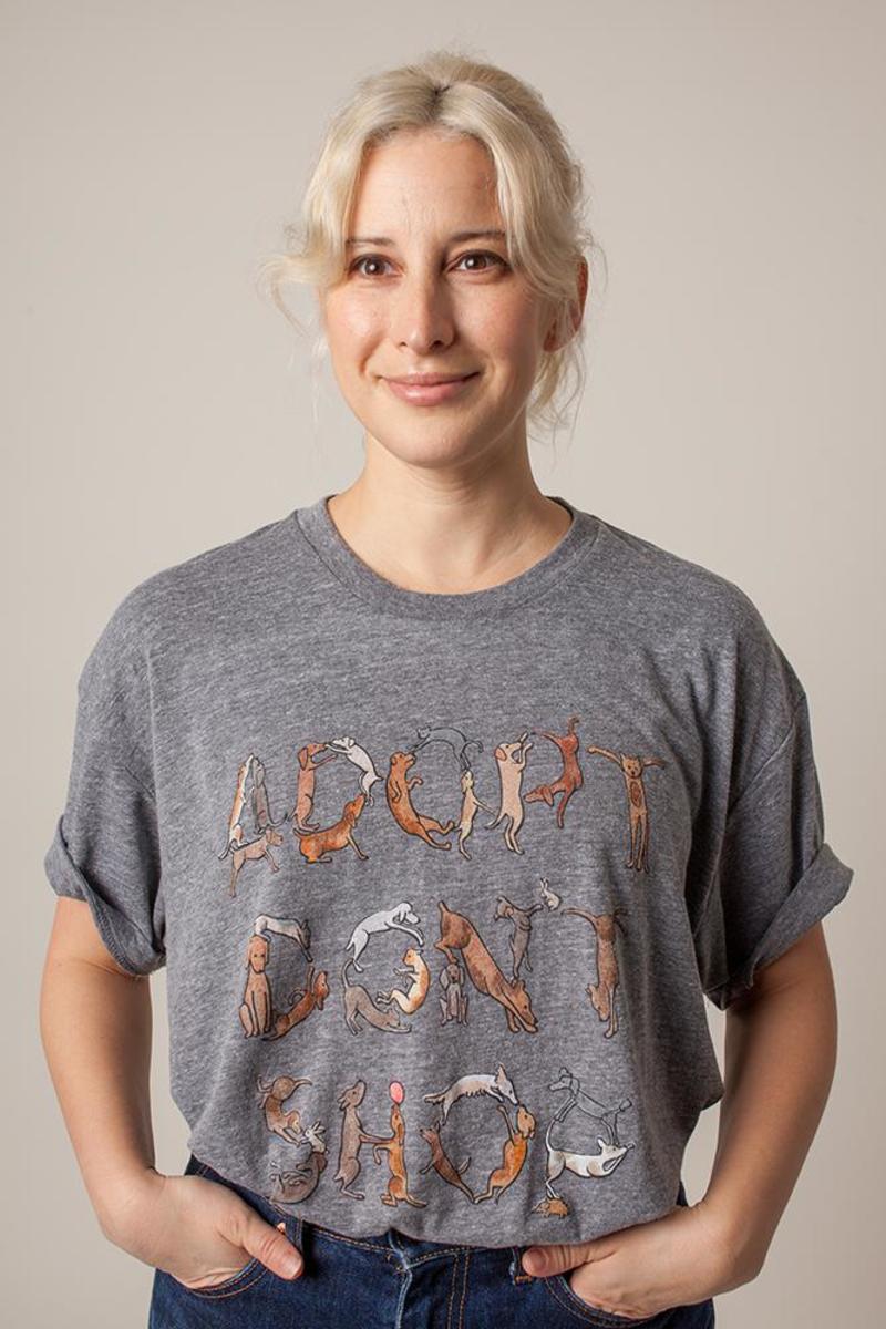 Rachel Antonoff wearing her now-sold-out "Adopt, Don't Stop" tee with artwork by Charlotte Minnett. Photo: Courtesy of Rachel Antonoff