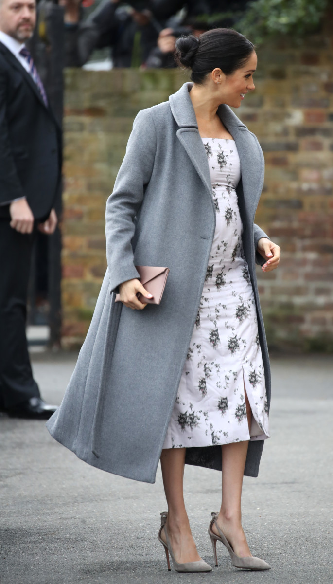 The Duchess of Sussex in a Soia & Kyo coat and Brock Collection dress during a visit to the Royal Variety Charity's at Brinsworth House in Twickenham, England. Photo: Chris Jackson/Getty Images