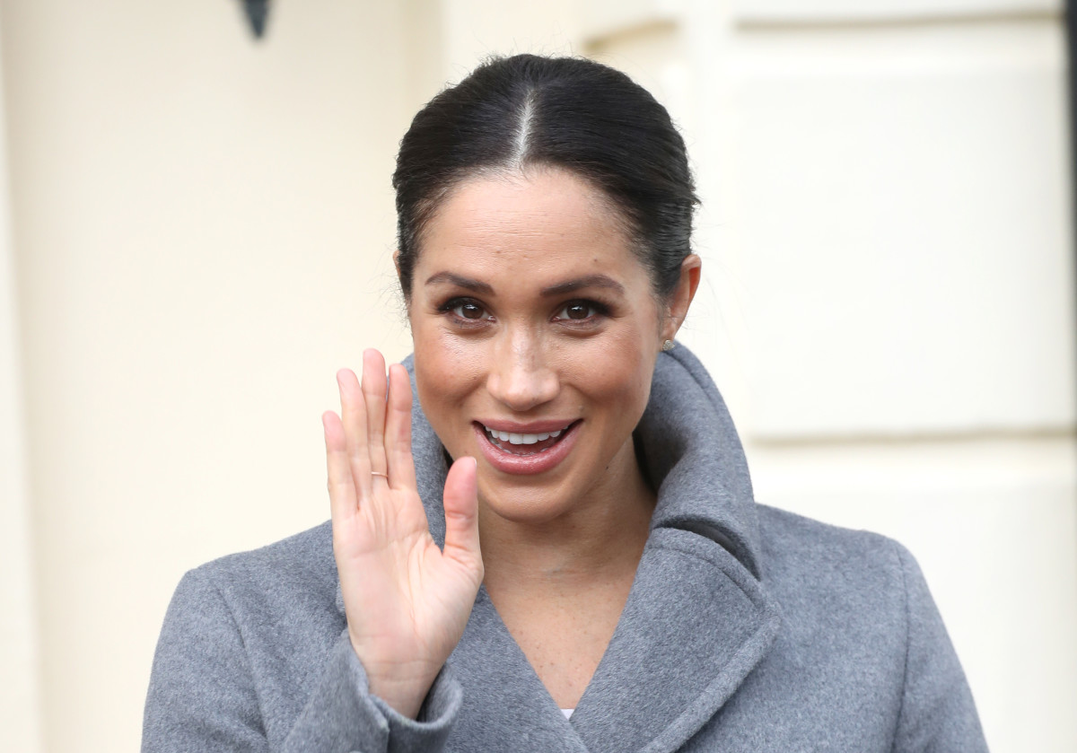 The Duchess of Sussex in a Soia & Kyo coat during a visit to the Royal Variety Charity's at Brinsworth House in Twickenham, England. Photo: Chris Jackson/Getty Images