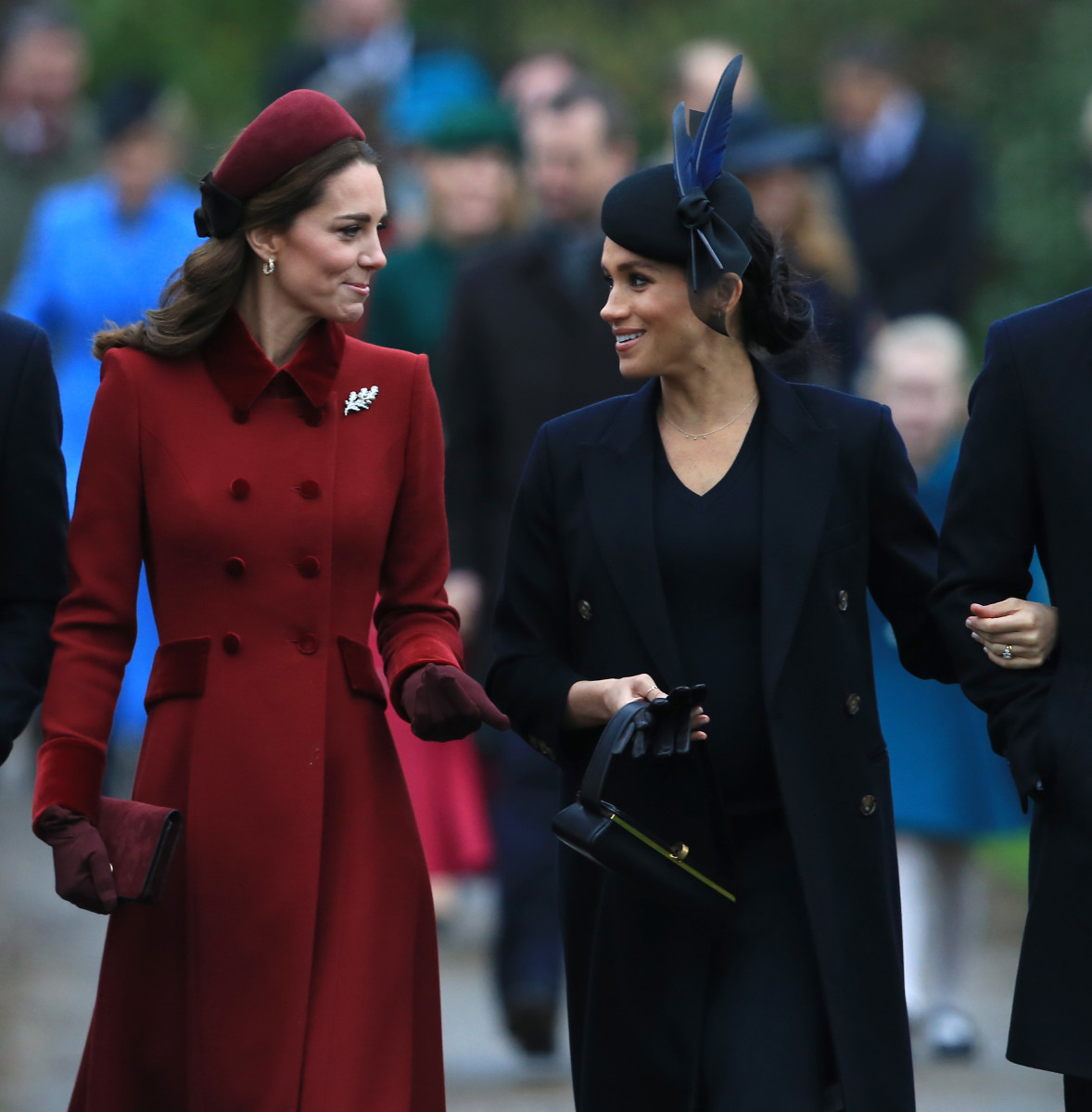 The Duchess of Cambridge and the Duchess of Sussex presumably sharing hot Christmas goss. Photo: Stephen Pond/Getty Images